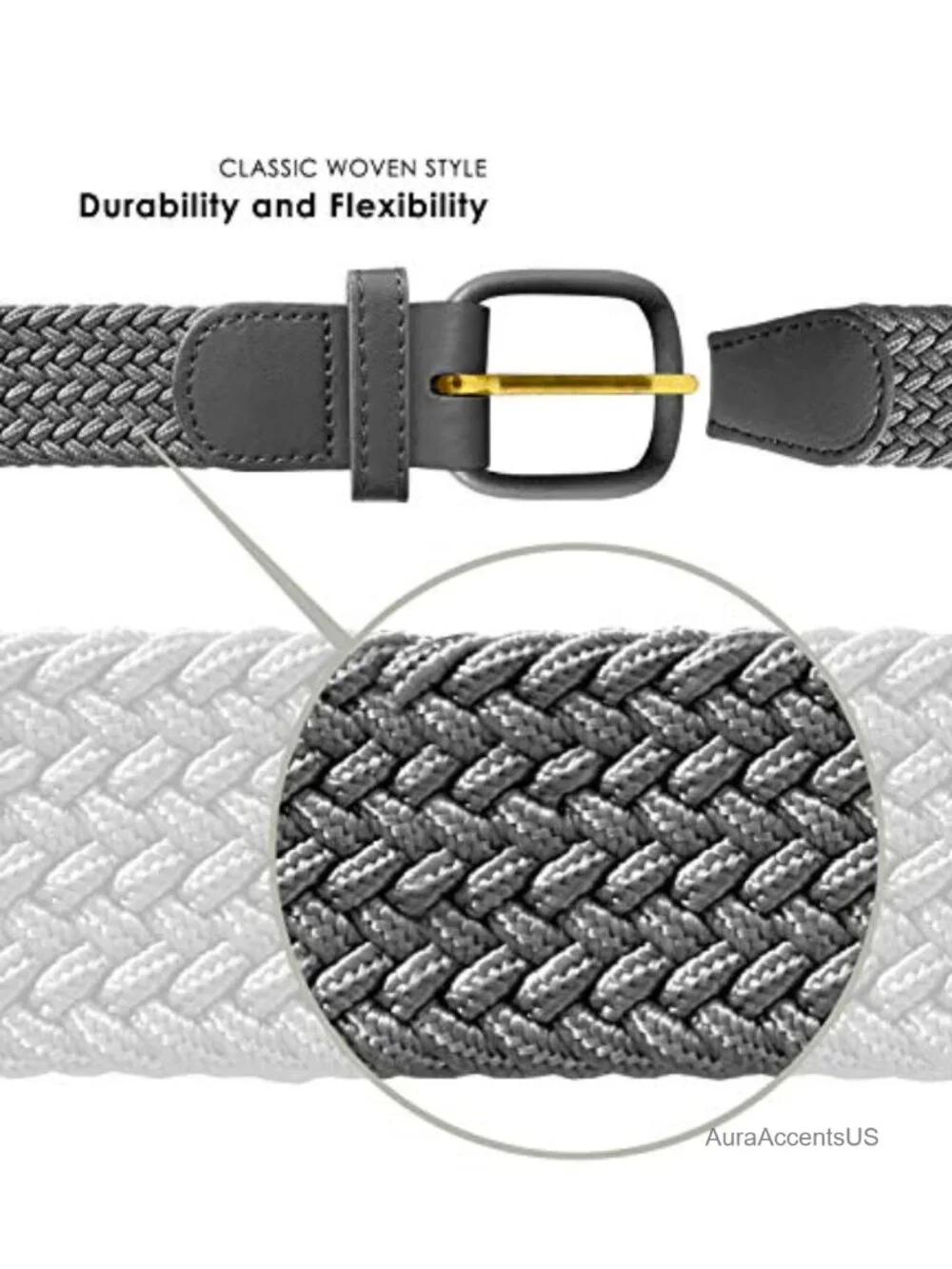 Leather Covered Buckle Woven Elastic Stretch Golf Belt 32mm